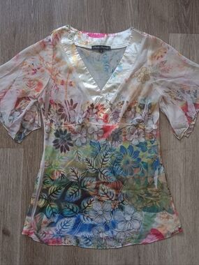Babydoll Top Women Medium Sheer Floral Vneck Fairy Festival Pixie Flutter Sleeve